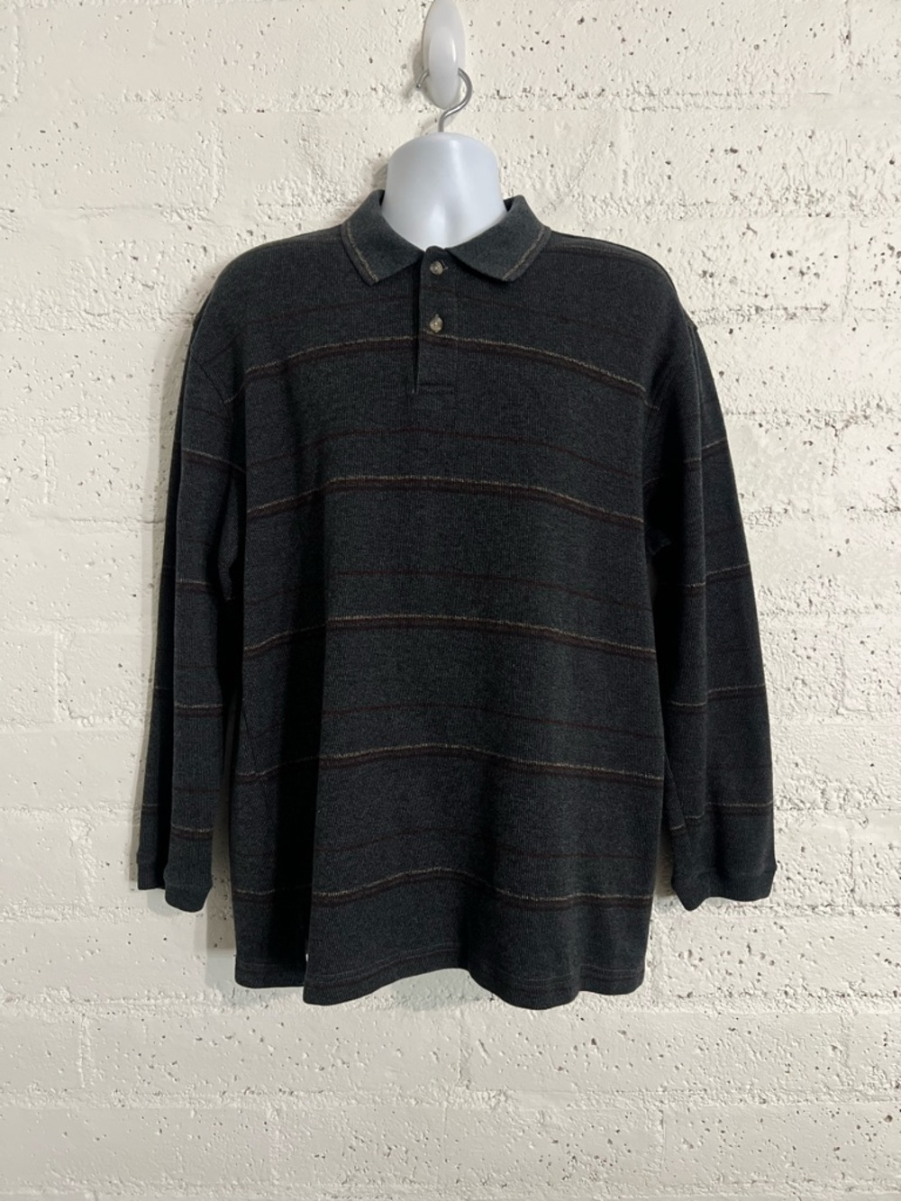 Knightsbridge Polo Shirt XL Gray Striped Long Sleeve Cotton Blend Micro Ribbed